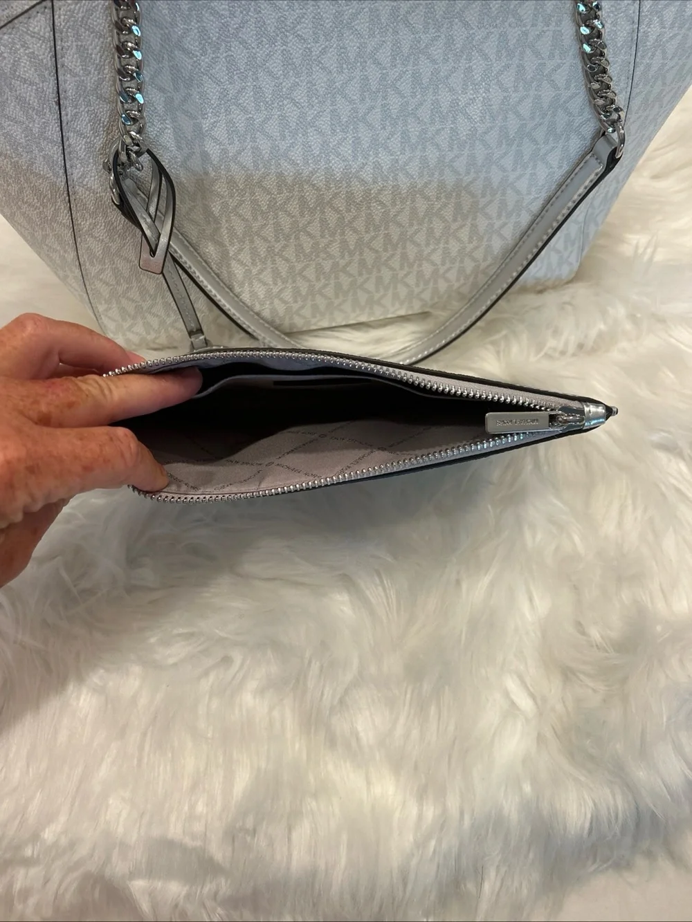 Michael Kors Silver MK Logo Tote with Matching Silver Wristlet